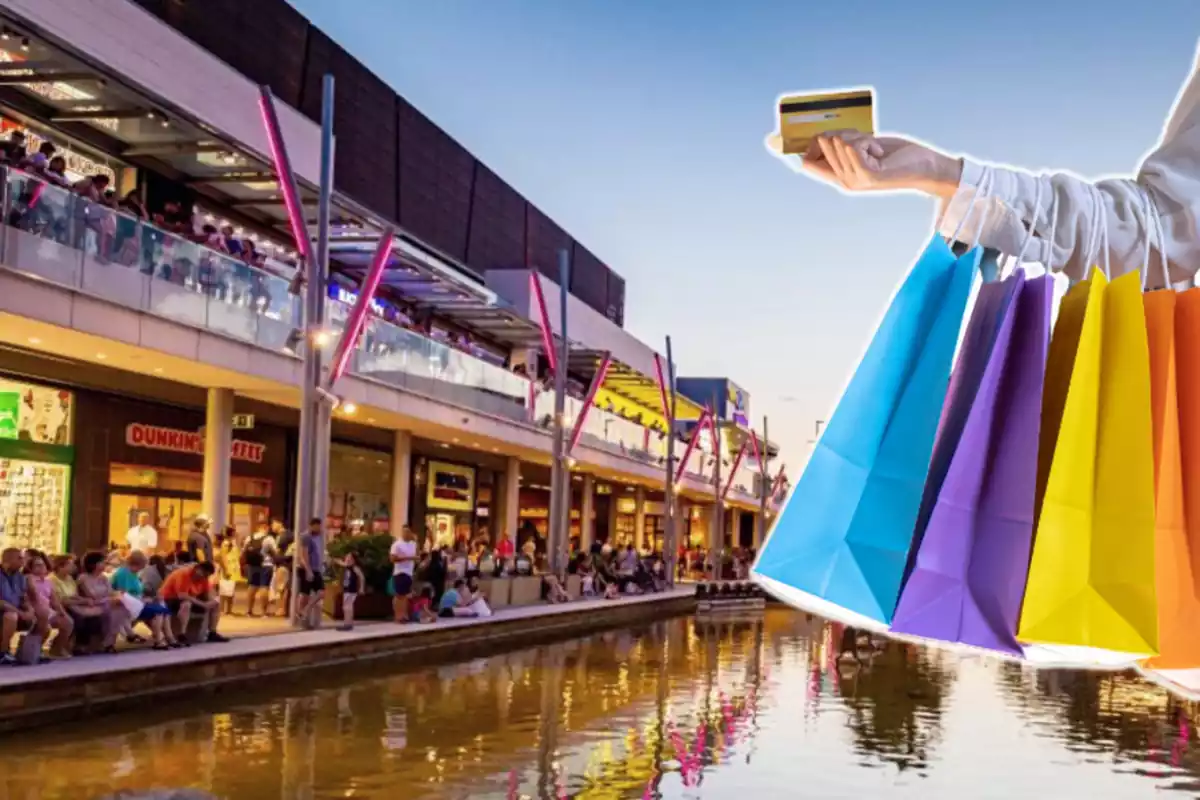 Montaje con el centro comercial Puerto Venecia de Zaragoza y un brazo sujetando varias bolsas y una tarjeta de crédito