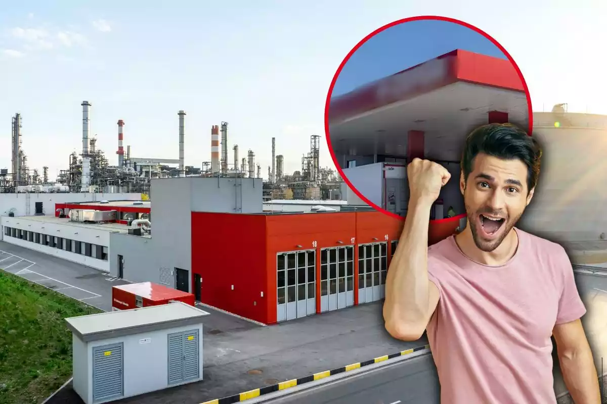 Una planta industrial al fondo, con un hombre haciendo un gesto de felicidad, y en el círculo, la imagen de Cepsa difuminada