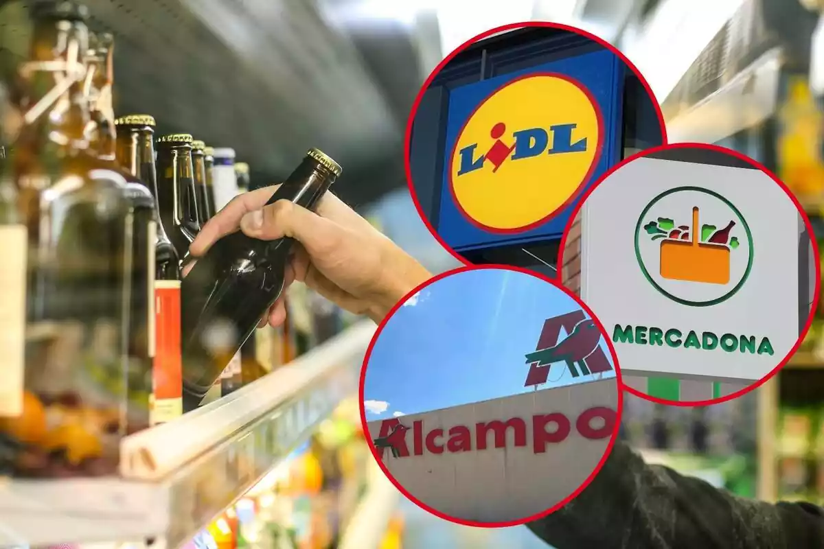 Montaje con una persona cogiendo una cerveza del estante de un supermercado y tres círculos con los logos de Lild, Mercadona y Alcampo