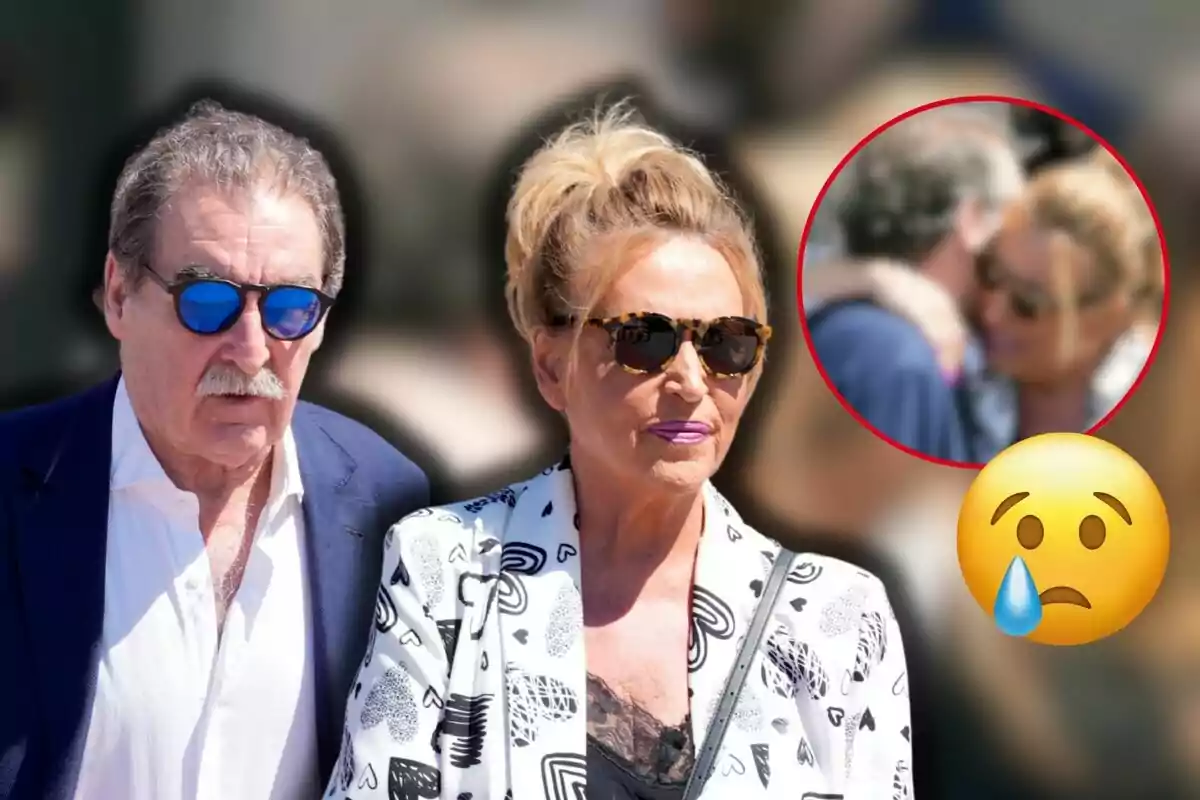 Charly y Lydia Lozano con gafas de sol aparece en primer plano mientras que en un círculo rojo se muestra una imagen borrosa de ellos abrazándose y un emoji triste con una lágrima está superpuesto.