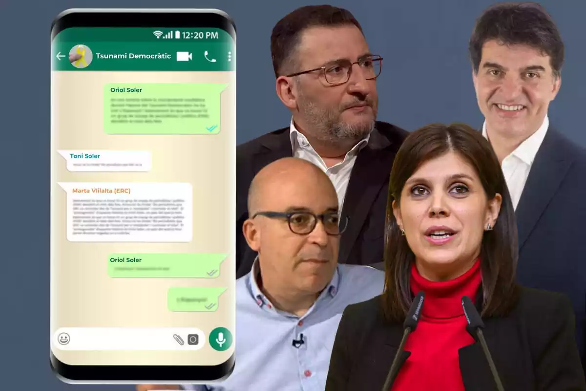 Montaje de Oriol Soler, Toni Soler, Marta Vilalta y Sergi Sabrià con un chat de Whatsapp
