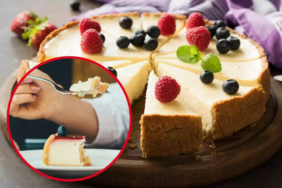 Montaje con una tarta de queso con frutos rojos y un círculo con una persona comiendo un trozo de cheesecake