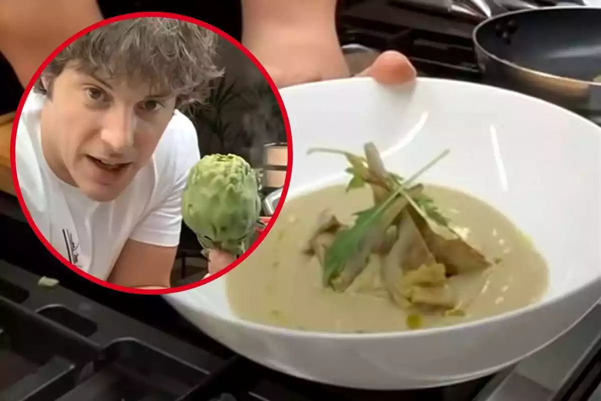 Montaje con un plato de crema de alcachofa y un círculo con la cara del chef Jordi Cruz con una alcachofa en la mano