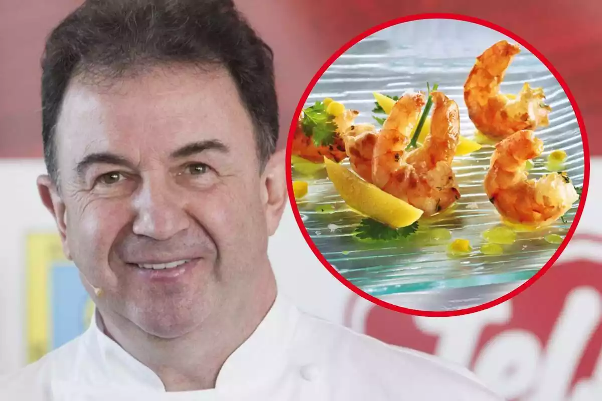 Montaje con la cara del reconocido chef Martín Berasategui y un círculo con el plato de langostinos con vinagreta de mango