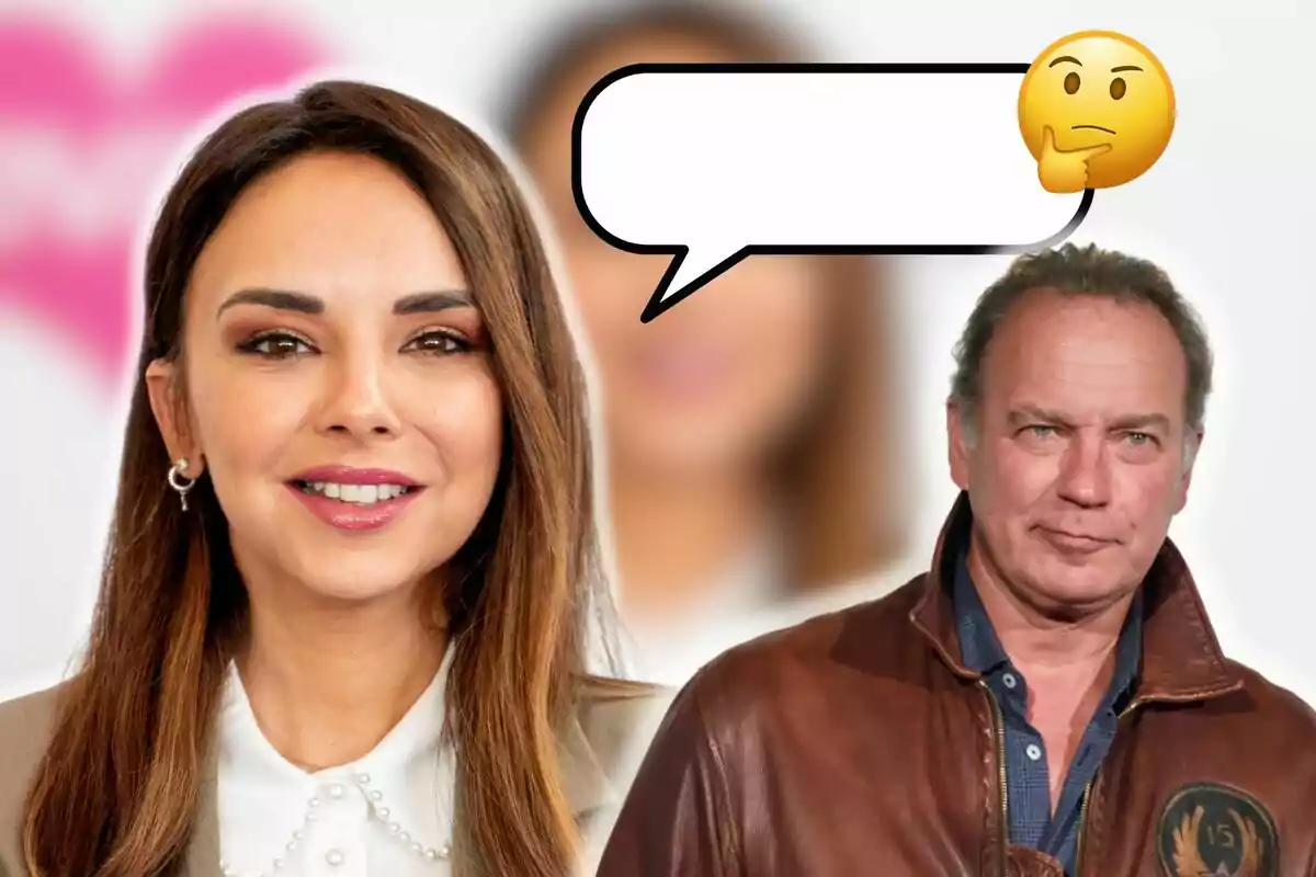 Chenoa y Bertín Osborne posan frente a un fondo desenfocado con un globo de diálogo vacío y un emoji pensativo.