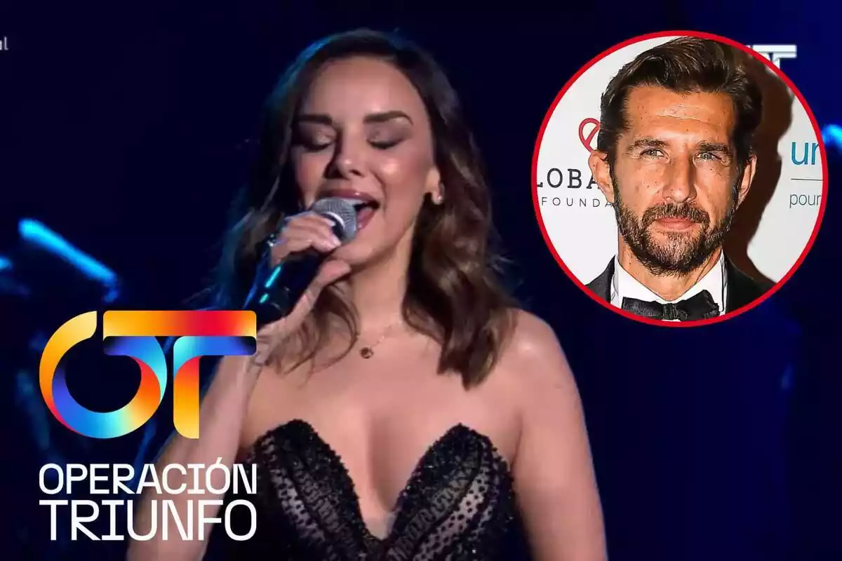 Montaje de 'Operación Triunfo' con Chenoa cantando con los ojos cerrados, Miguel Ángel Encinas sonriendo con pajarita y el logo del programa