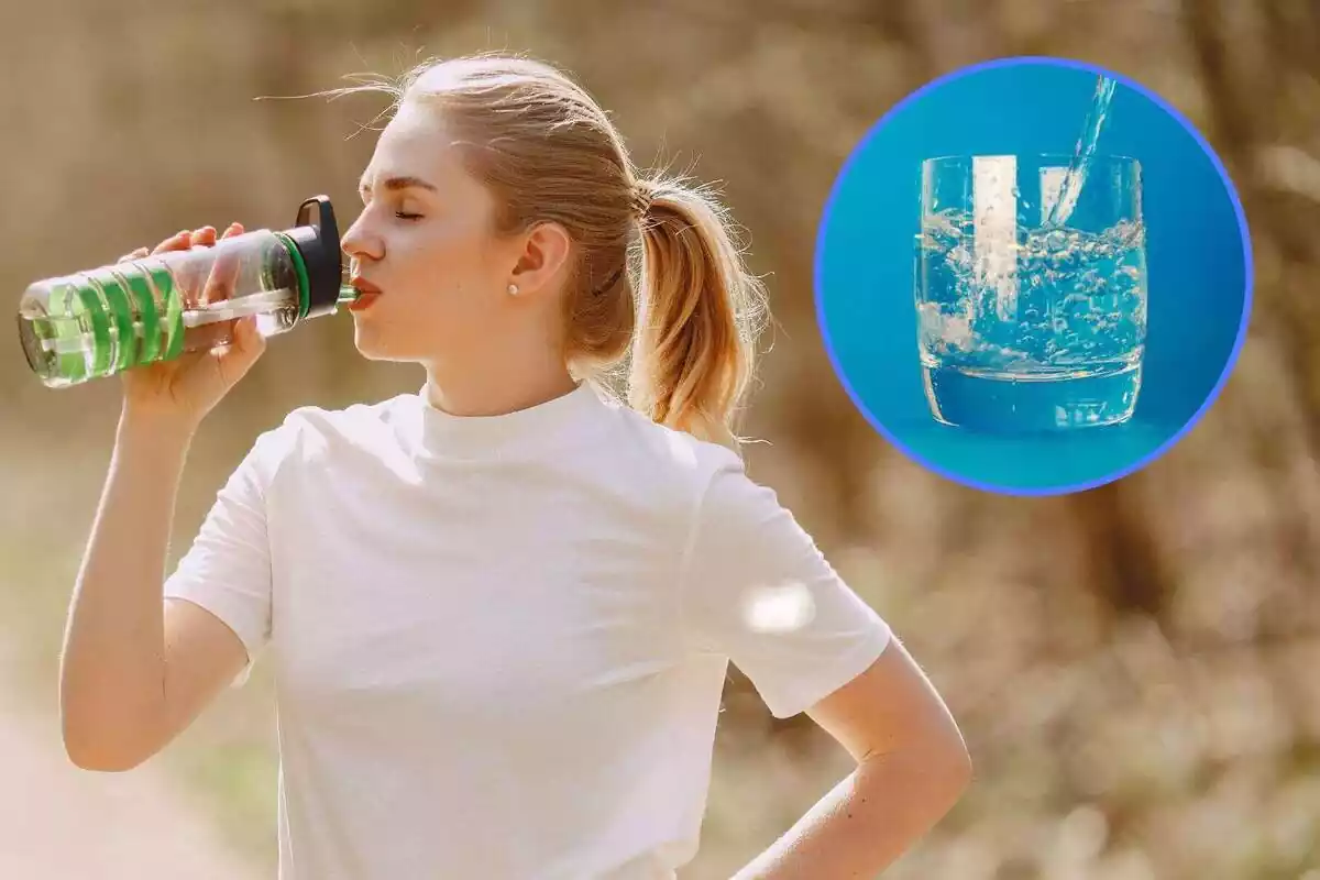 Montaje de una chica bebiendo agua haciendo ejercicio junto a la imagen de un vosa lleno de agua