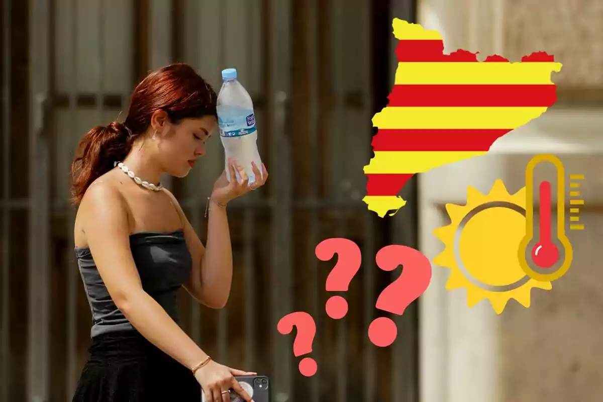 Una mujer sostiene una botella de agua en su frente mientras camina, con un mapa de Cataluña, un sol con un termómetro y signos de interrogación superpuestos en la imagen.