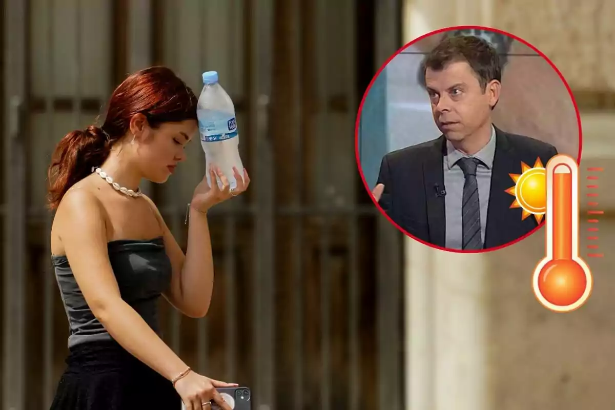 Una mujer se refresca con una botella de agua en un día caluroso, mientras Francesc Mauri en un recuadro parece estar hablando sobre el clima, con un icono de termómetro y sol indicando altas temperaturas.