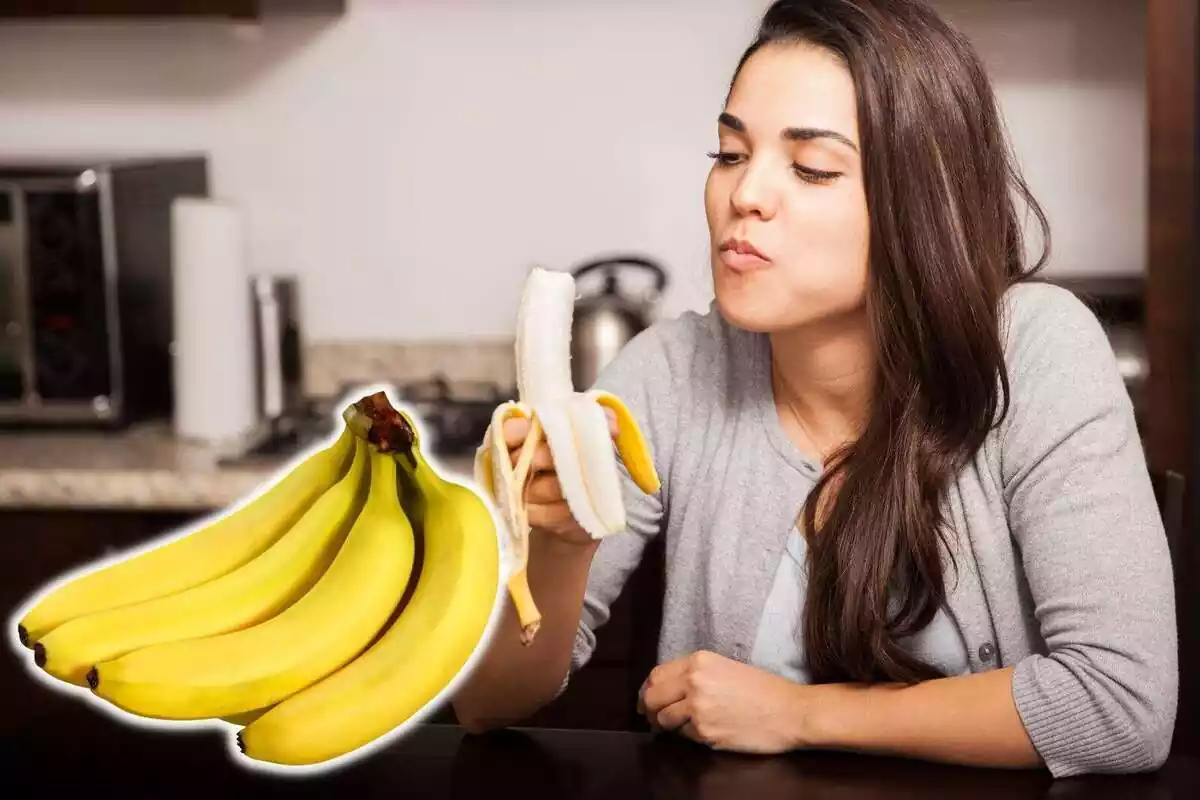 Montaje de una chica comiendo un plátano y una imagen de varios en el lado izquierdo