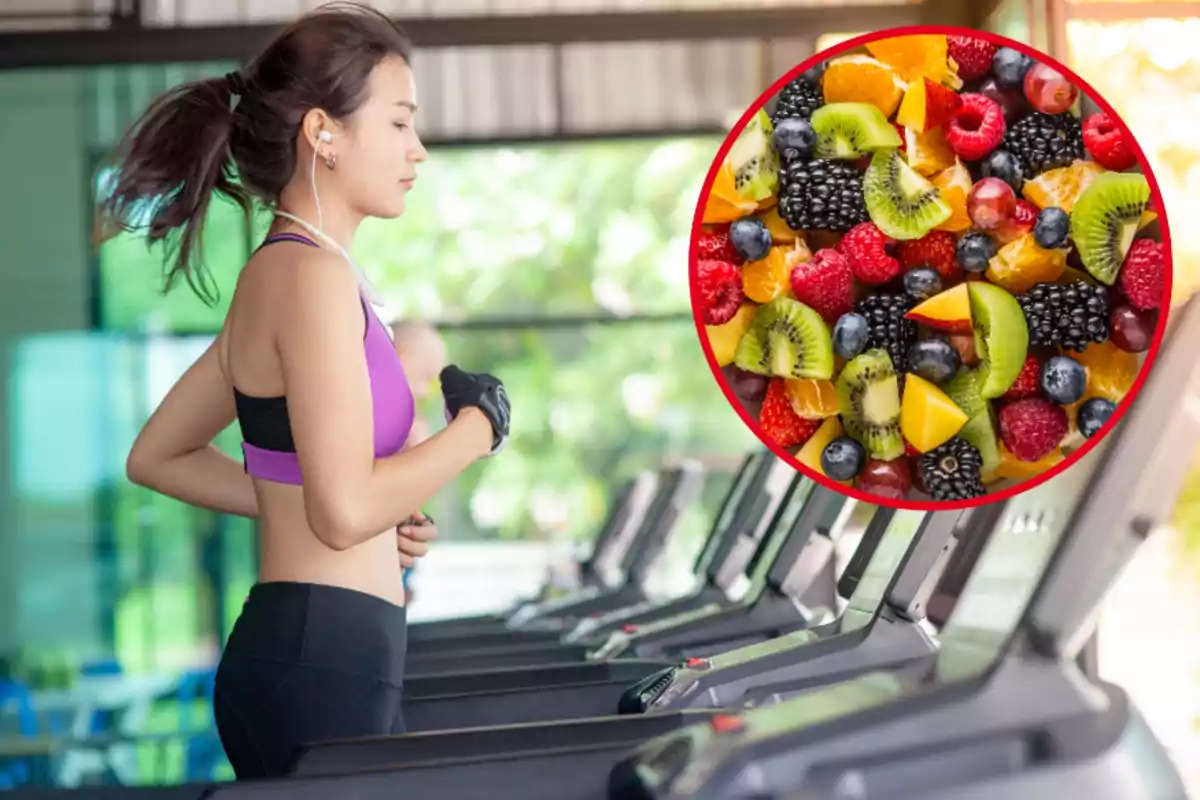 Montaje con una chica en un gimnasio corriendo en una cinta y un círculo con varios trozos de fruta cortados