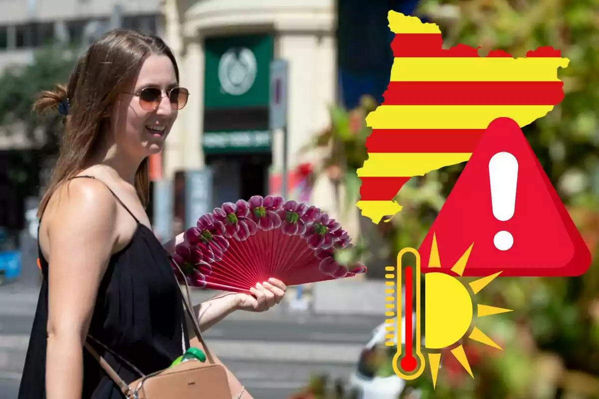 Una mujer sonriente con gafas de sol y un abanico en la mano, caminando por una ciudad en un día soleado, con un gráfico de advertencia de calor y un mapa de Cataluña en el fondo.