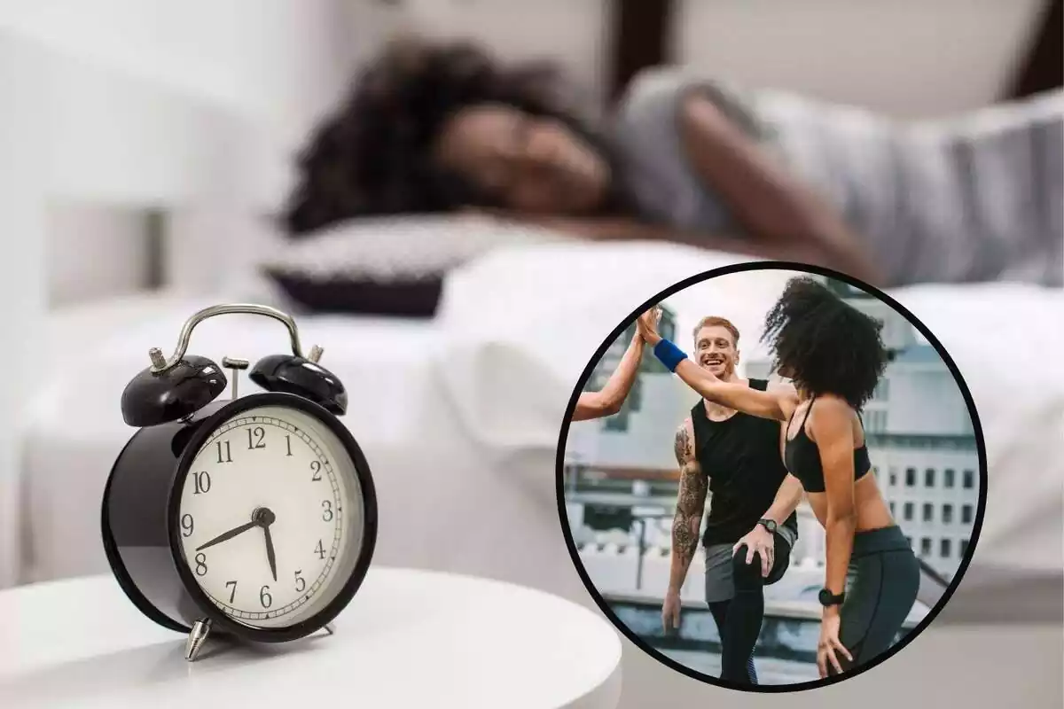 Montaje de un reloj al lado de una cama mientras duerme una chica y una imagen en un marco de varias personas haciendo deporte