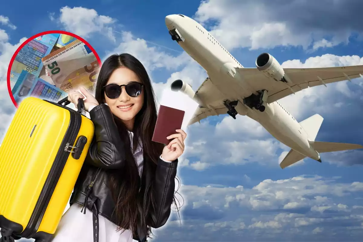 Montaje de fotos de un avión sobrevolando el cielo y, al lado, una persona sujetando un pasaporte