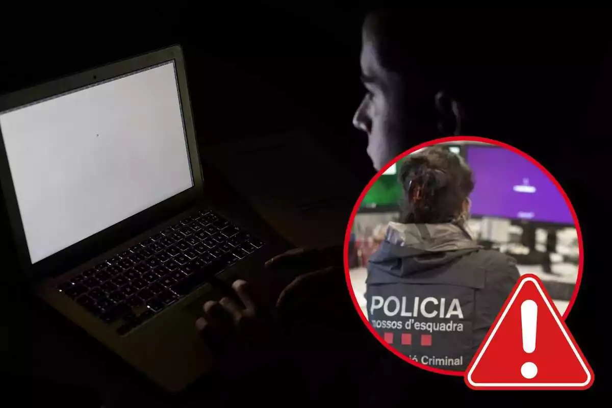Montaje de una chica delante de un ordenador portátil, una agente de los Mossos d'Esquadra de espaldas y una señal de alerta