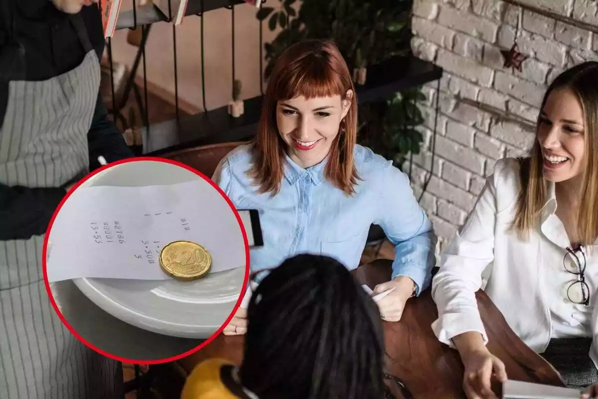 Montaje de unas chicas pidiendo alguna cosa en un restaurante y la imagen de una moneda de 20 céntimos como propina