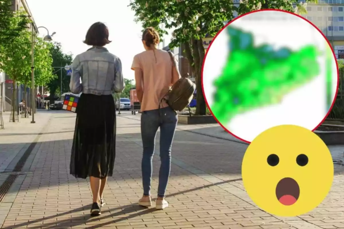 Dos personas caminando por una calle con árboles, una de ellas lleva una mochila y la otra un bolso con diseño de cubo de Rubik, con un emoji sorprendido y una imagen borrosa en un círculo rojo en la esquina superior derecha.