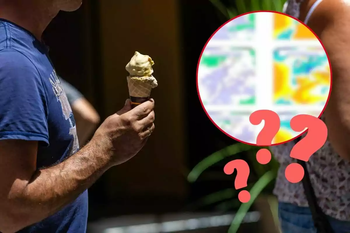 Persona sosteniendo un helado en cono con un círculo de interrogación en la esquina superior derecha.