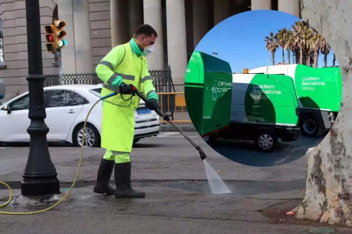 Montaje con un chico limpiando la calle con una manguera y camiones cisterna de agua de Barcelona