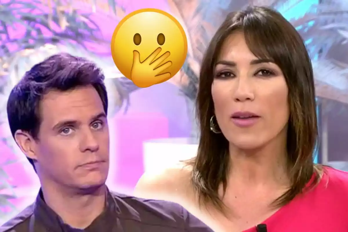 Christian Gálvez y Patricia Pardo en un programa de televisión con un emoji de sorpresa flotando entre ellas.