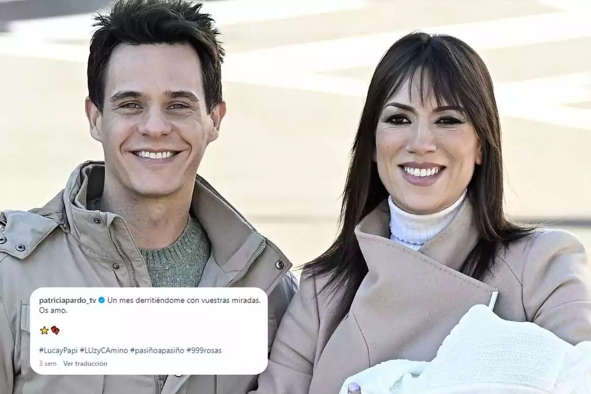 Montaje con Christian Gálvez y Patricia Pardo sonriendo juntos con chaquetas marrones y un mensaje de Instagram