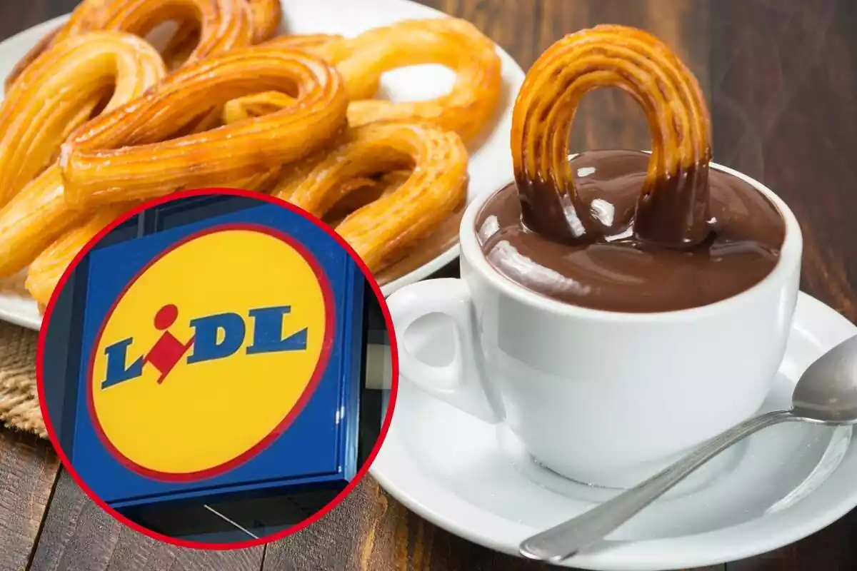 Montaje con un plato con churros y una taza de chocolate caliente de fondo y un círculo con el logo de Lidl