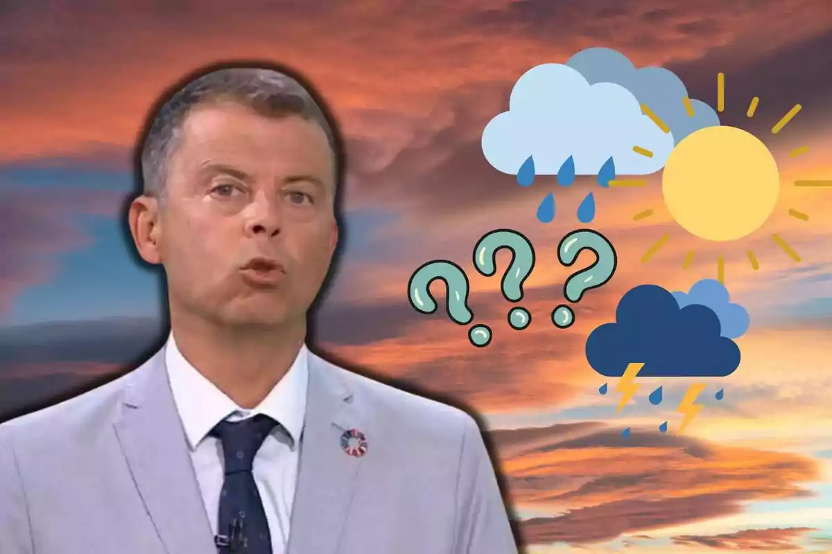 Francesc Mauri en traje claro con fondo de cielo al atardecer y símbolos de clima variado, incluyendo sol, nubes y lluvia.