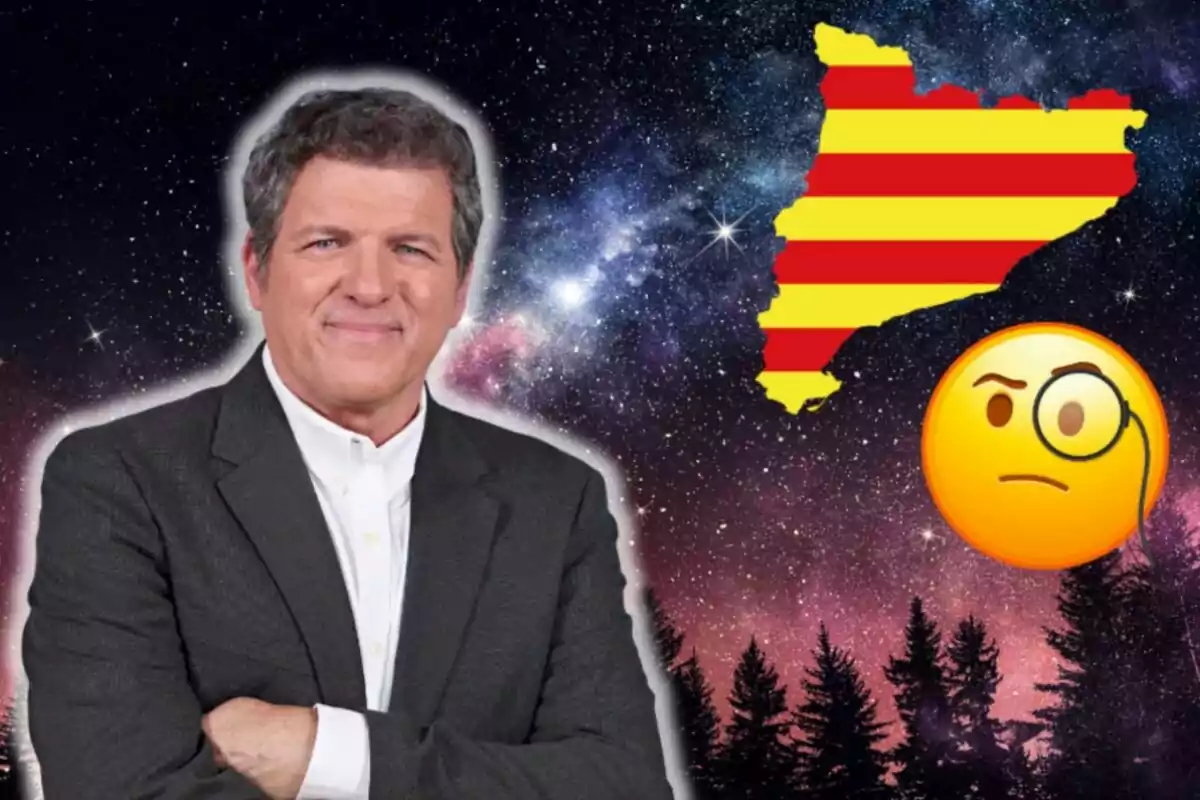 Mario Picazo con traje oscuro y camisa blanca está de pie con los brazos cruzados frente a un fondo estrellado; a su derecha hay un mapa de Cataluña con la bandera catalana y un emoji con monóculo.