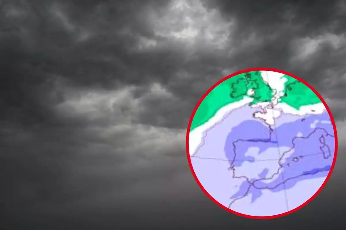 Montaje con un cielo gris y nublado y un círculo con el mapa de anomalías en las precipitaciones de la AEMET