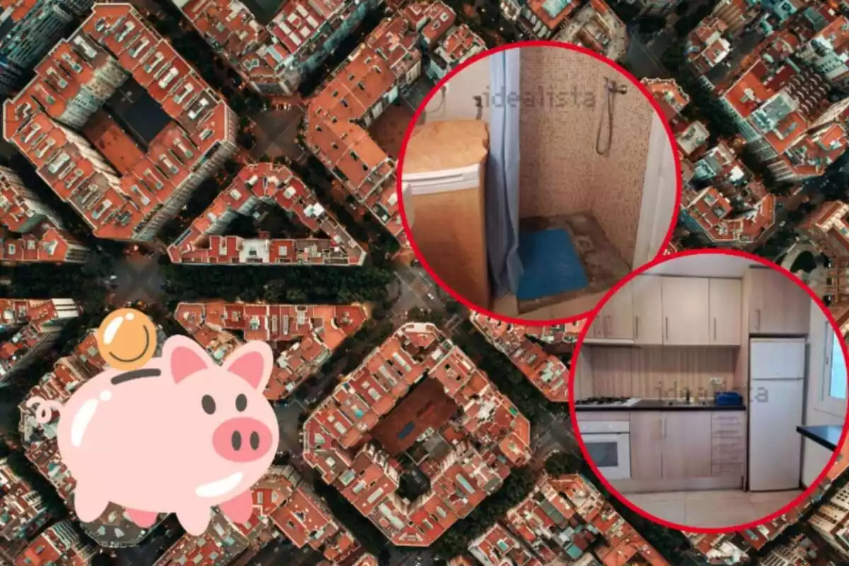 Montaje con la ciudad de Barcelona des del aire, imágenes de un piso desde dentro y una hucha de un cerdo
