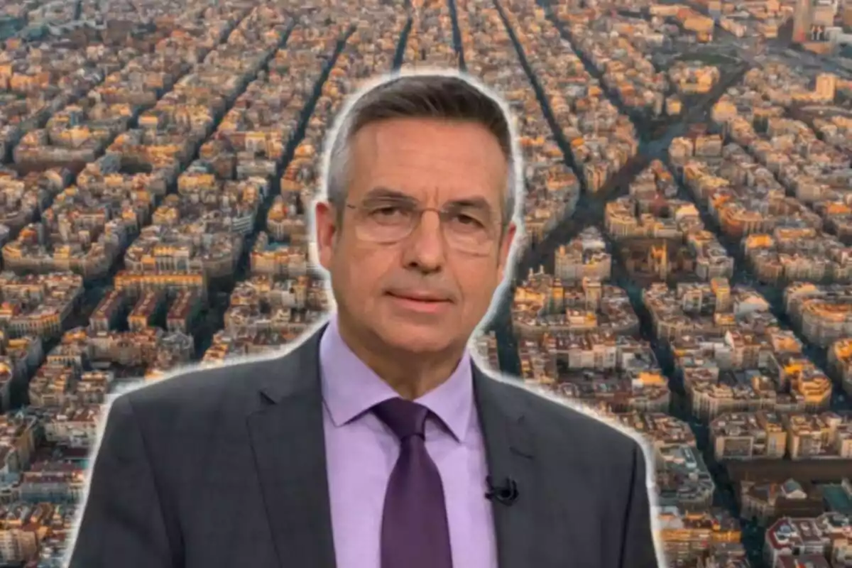 Montaje de la ciudad de Barcelona des del aire y Ramon Pellicer serio en traje gris y corbata morada