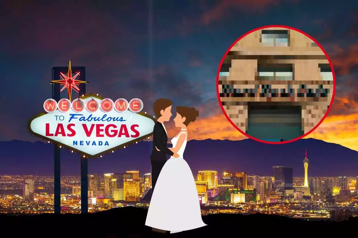 Montaje con la ciudad de Las Vegas y su cartel, una pareja el día de su boda y la fachada de Hard Rock Barcelona pixelada
