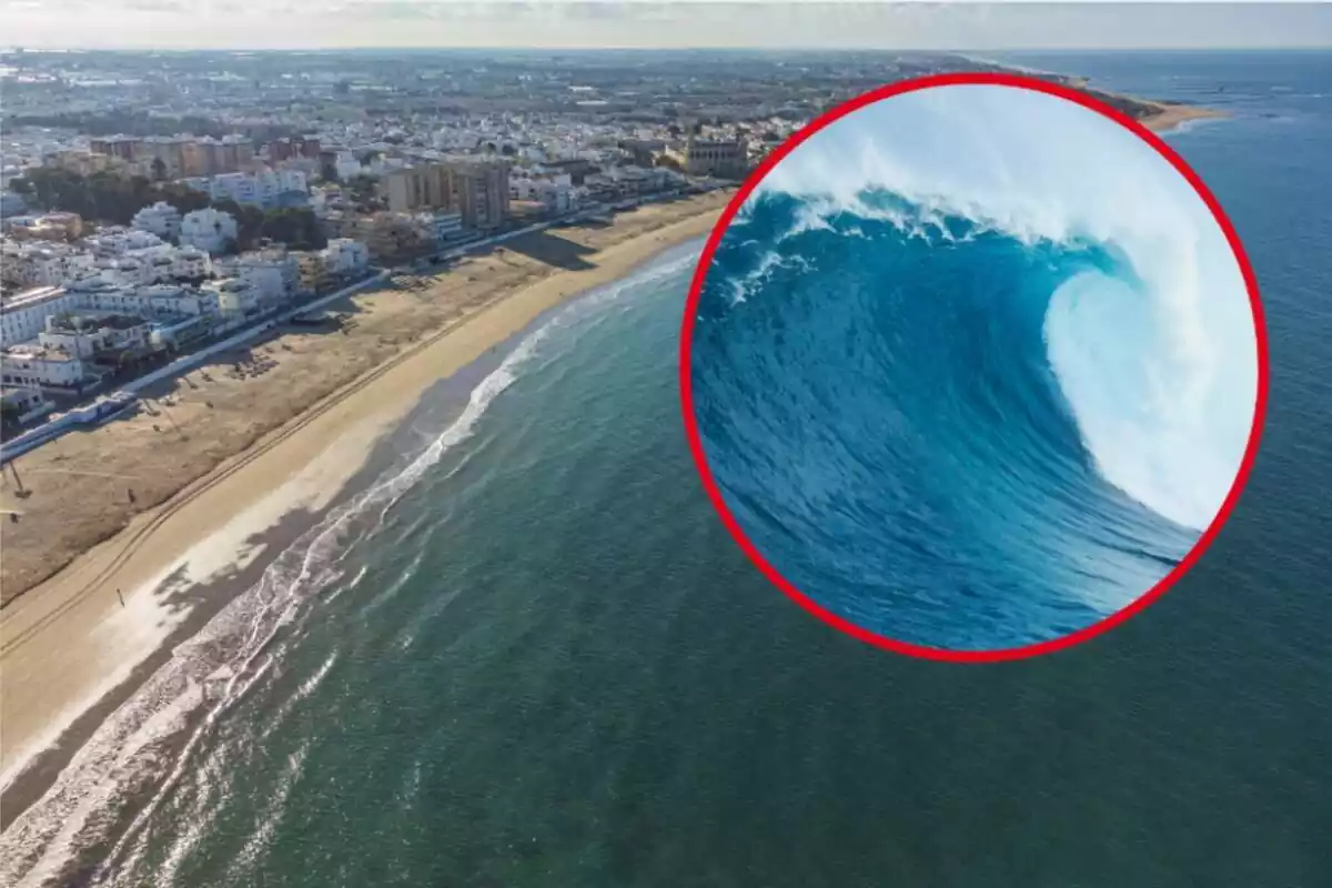 Montaje con una ciudad al lado de la playa vista desde el cielo y un círculo con una ola de grandes dimensiones