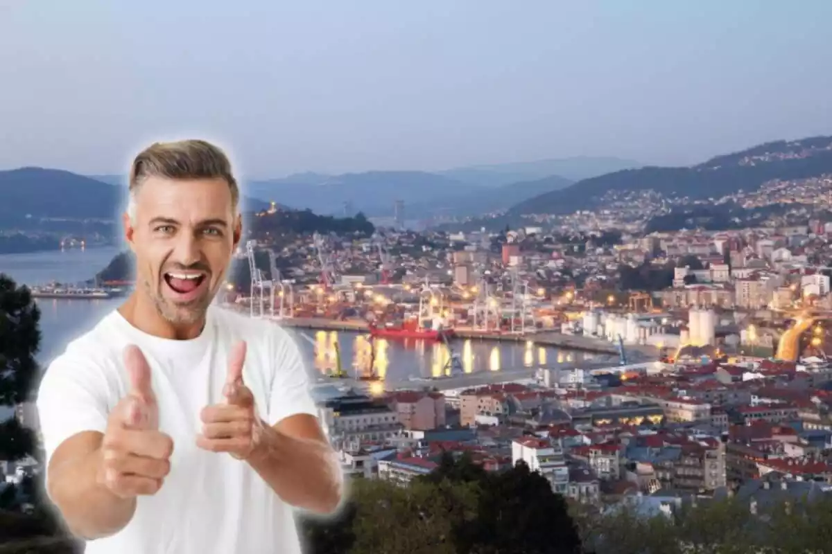 Panorámica de Vigo, y un hombre en estado de felicidad