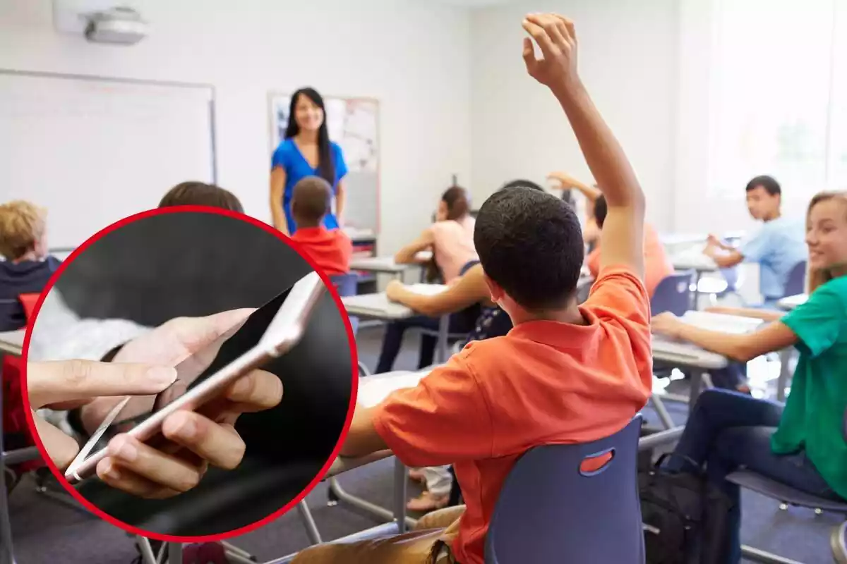 Montaje con un niño levantando la mano en una clase de instituto y un círculo con unas manos usando un móvil