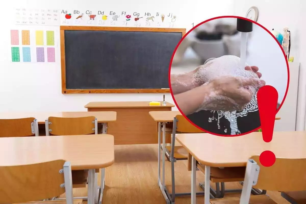 Montaje de una clase de un colegio, unas manos con espuma de jabón bajo el agua y una exclamación roja