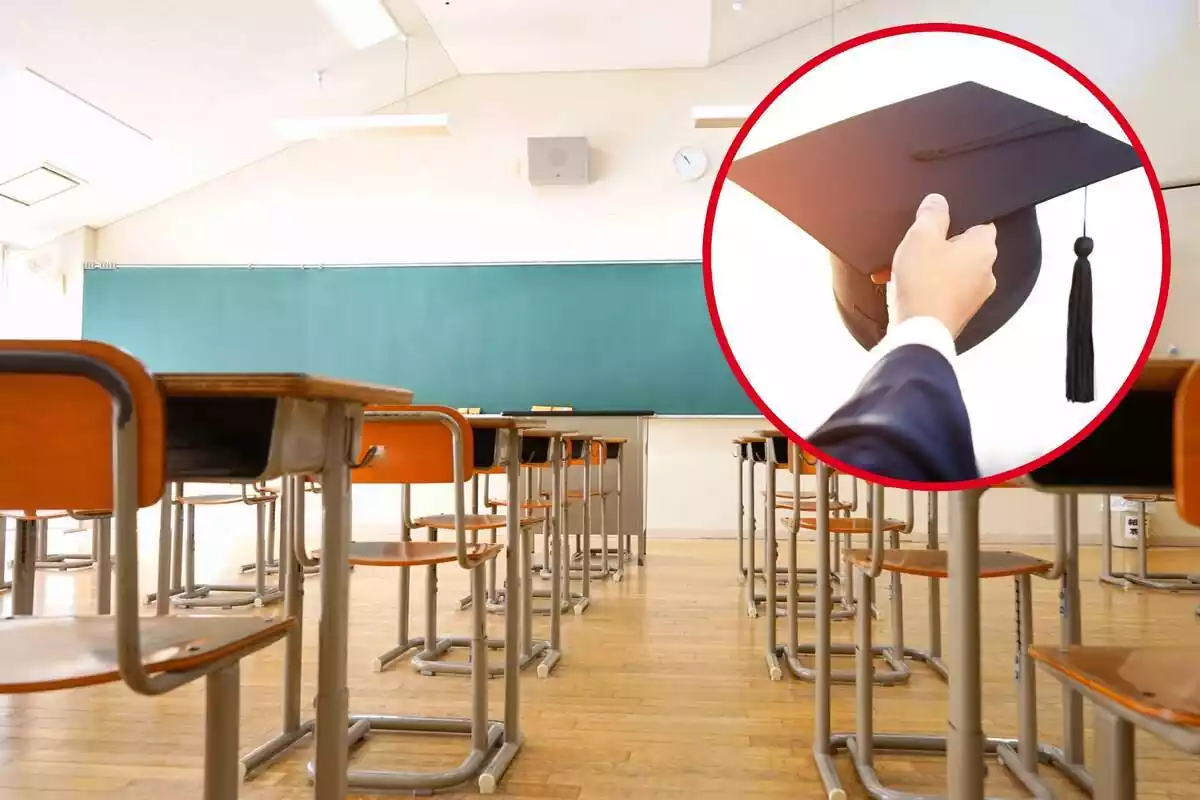 Montaje de clase de escuela con gran pizarra y círculo de mano sujetando sombrero de licenciado