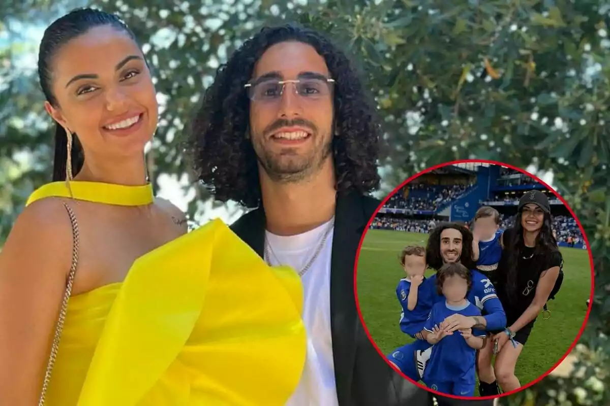 Claudia Rodríguez y Marc Cucurella sonrientes posan para la cámara, con una imagen insertada en un círculo rojo que muestra a ellos en un estadio de fútbol junto a tres niños.