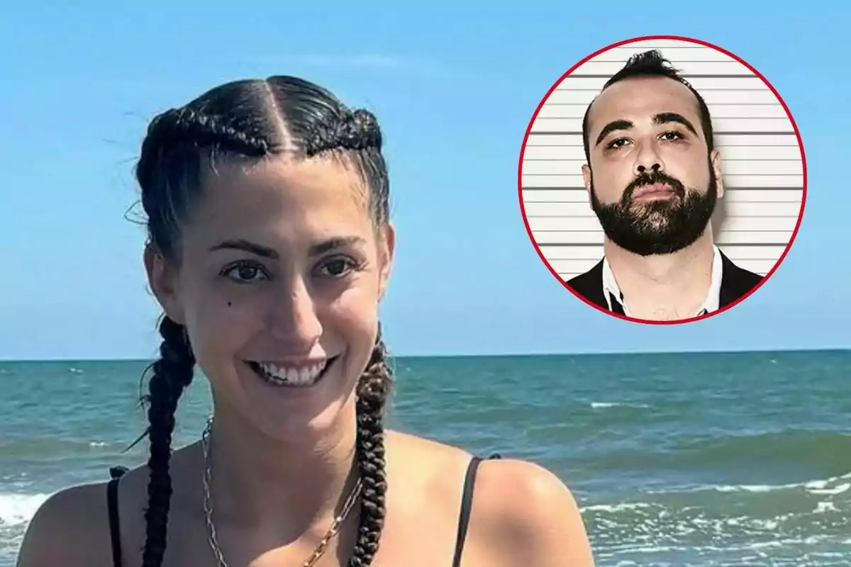 Clàudia Vila sonriente con trenzas en la playa y un retrato de Ernest Codina con barba en un círculo rojo.