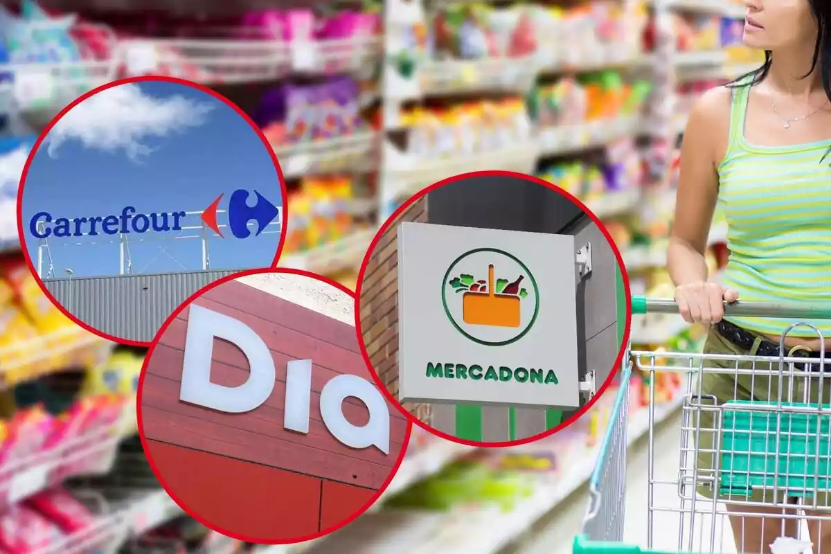Montaje de una chica comprando en un supermercado y las imágenes de 3 supermercados dentro de un marco: Carrefour, Dia y Mercadona