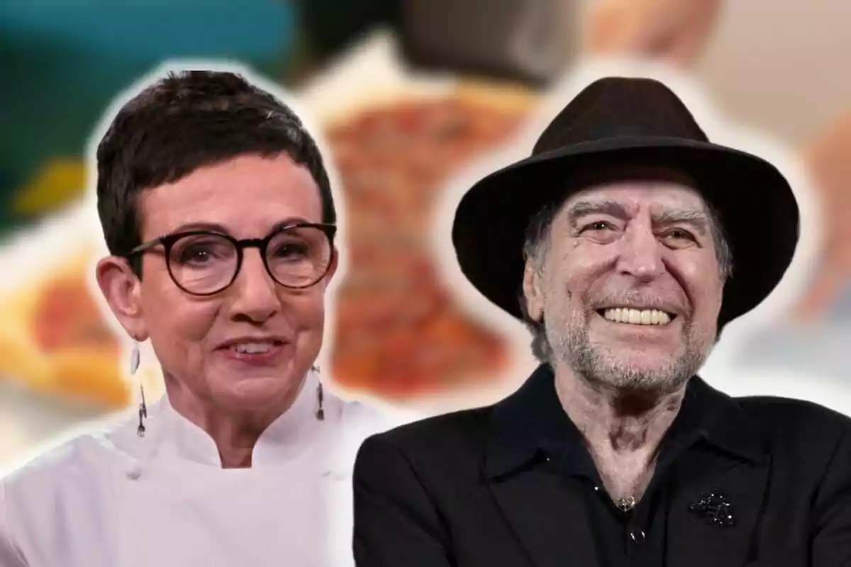 Carme Ruscalleda y Joaquín Sabina sonrientes, una con gafas y chaqueta blanca y otra con sombrero negro, con un fondo desenfocado.