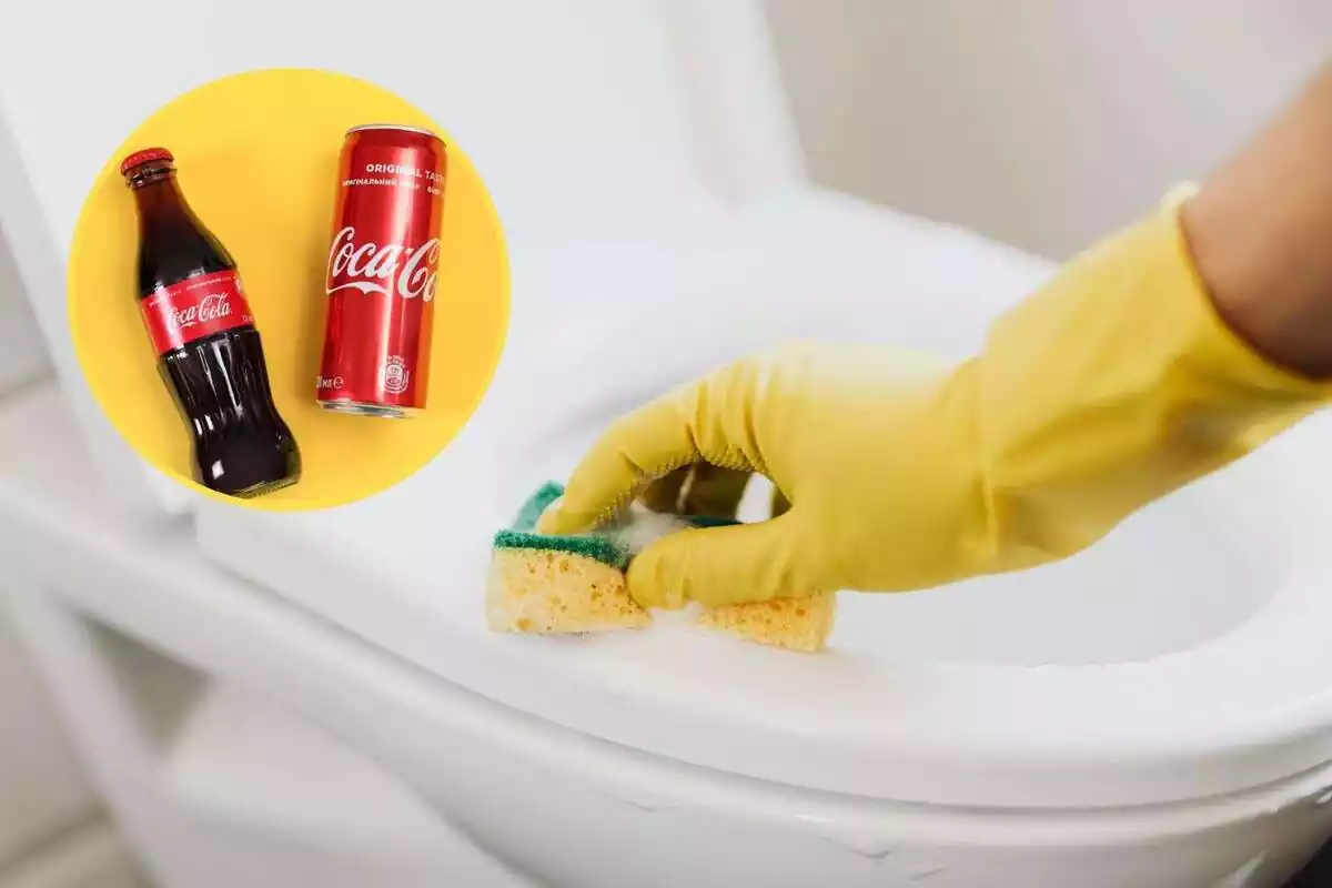 Montaje de una persona limpiando un water y una imagen de una coca-cola