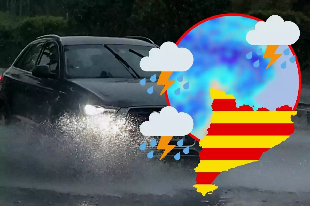 Un coche negro circulando por una carretera mojada con un gráfico del tiempo mostrando tormentas sobre un mapa de Cataluña.