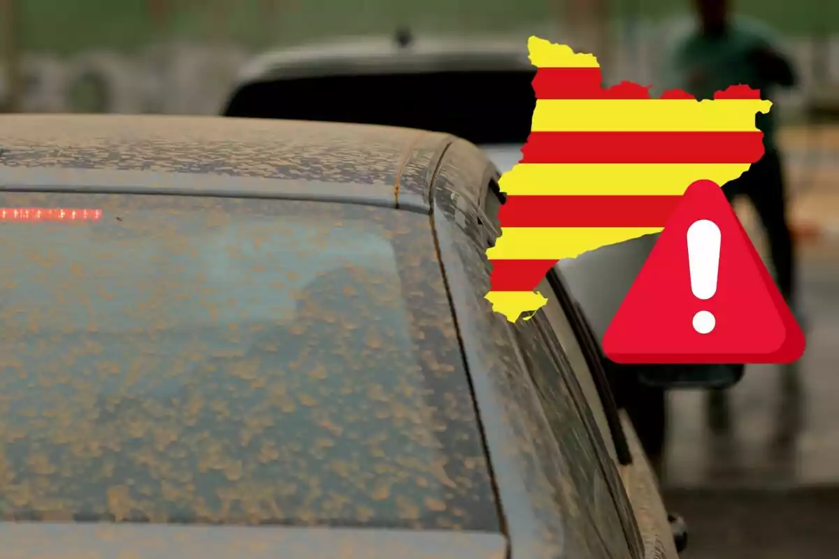 Coche cubierto de polvo con un símbolo de advertencia y un mapa de Cataluña en la esquina.