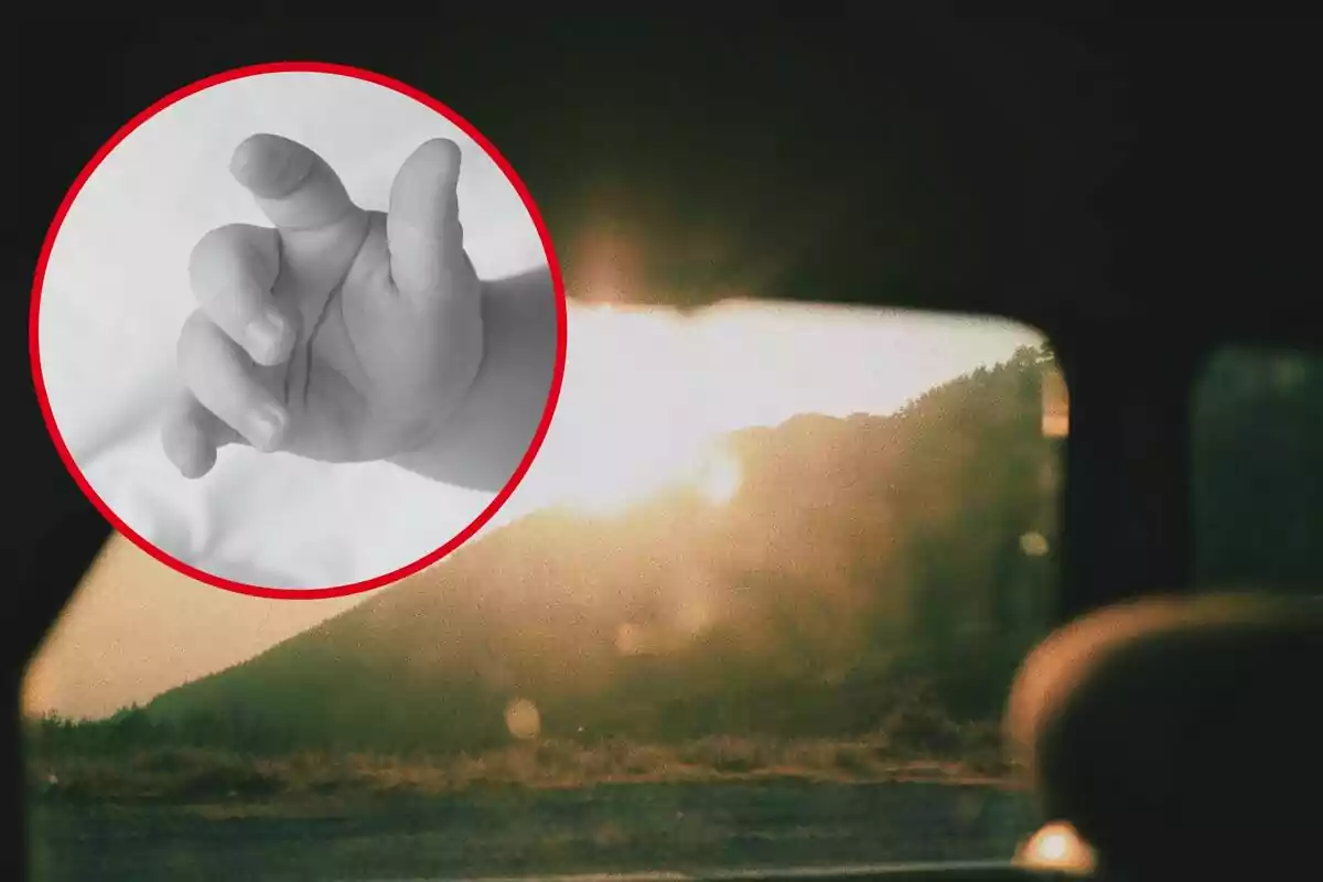 Una mano de bebé en blanco y negro dentro de un círculo rojo sobre una imagen de un paisaje al atardecer visto desde el interior de un automóvil. Una mano de bebé en blanco y negro dentro de un círculo rojo sobre una imagen de un paisaje al atardecer visto desde el interior de un automóvil.