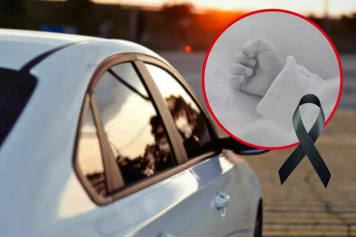 Un coche blanco estacionado con un reflejo del atardecer en la ventana y un círculo rojo que contiene la imagen en blanco y negro de la mano de un bebé junto a un lazo negro.