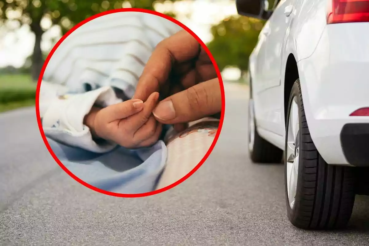 Un coche blanco estacionado en una carretera con un círculo rojo que muestra una mano adulta sosteniendo la mano de un bebé. Un coche blanco estacionado en una carretera con un círculo rojo que muestra una mano adulta sosteniendo la mano de un bebé.