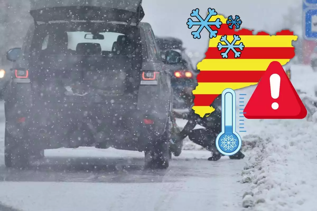 Un coche detenido en una carretera nevada con una persona colocando cadenas en las ruedas y gráficos superpuestos de advertencia de frío y nieve.