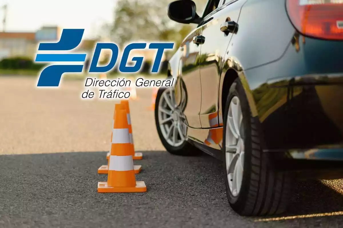 Montaje de un coche rodeado de conos y el logo de la DGT
