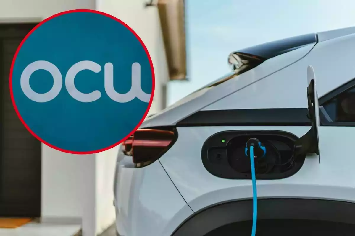 Montaje con la parte trasera de un coche eléctrico enchufado y un círculo con el logo de la OCU